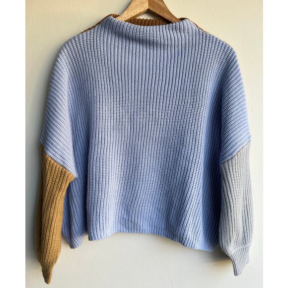 Blue Brown Colorblock Boat Neck Oversized Knit Sweater Size Medium - Picture 8 of 8